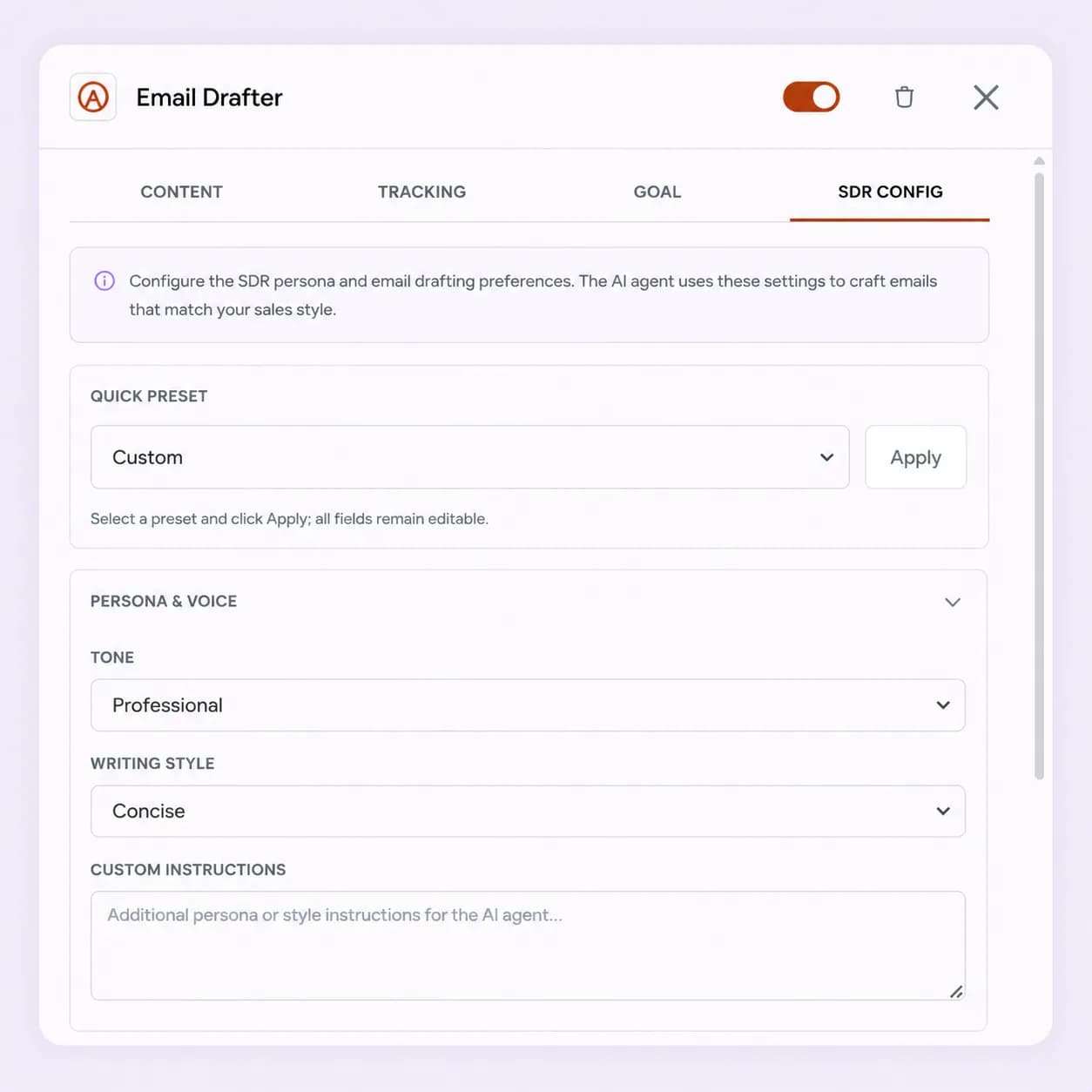FirstSales AI Instructions tab in the campaign builder, steering an AI SDR in plain English