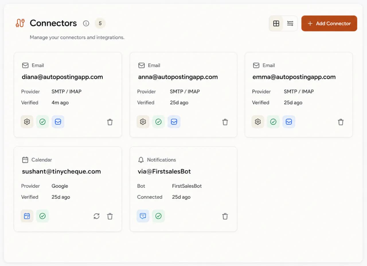 FirstSales sending infrastructure dashboard, unlimited mailboxes connected with rotation and throttling
