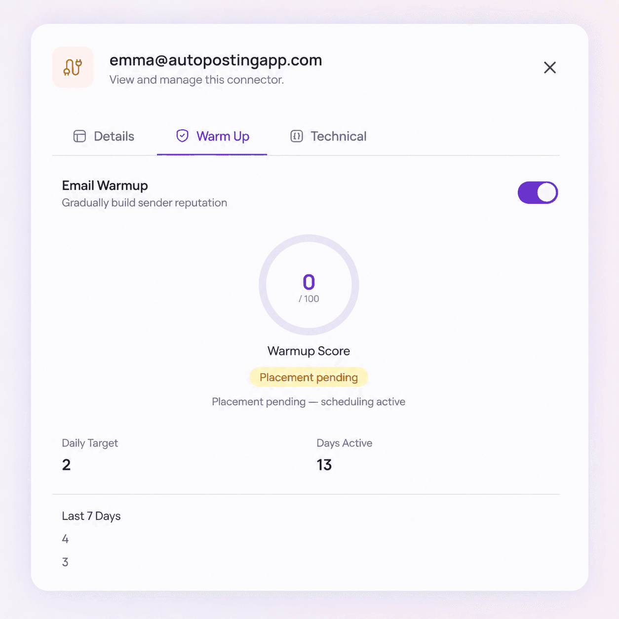 FirstSales smart warm-up automation showing 21-day email reputation building process