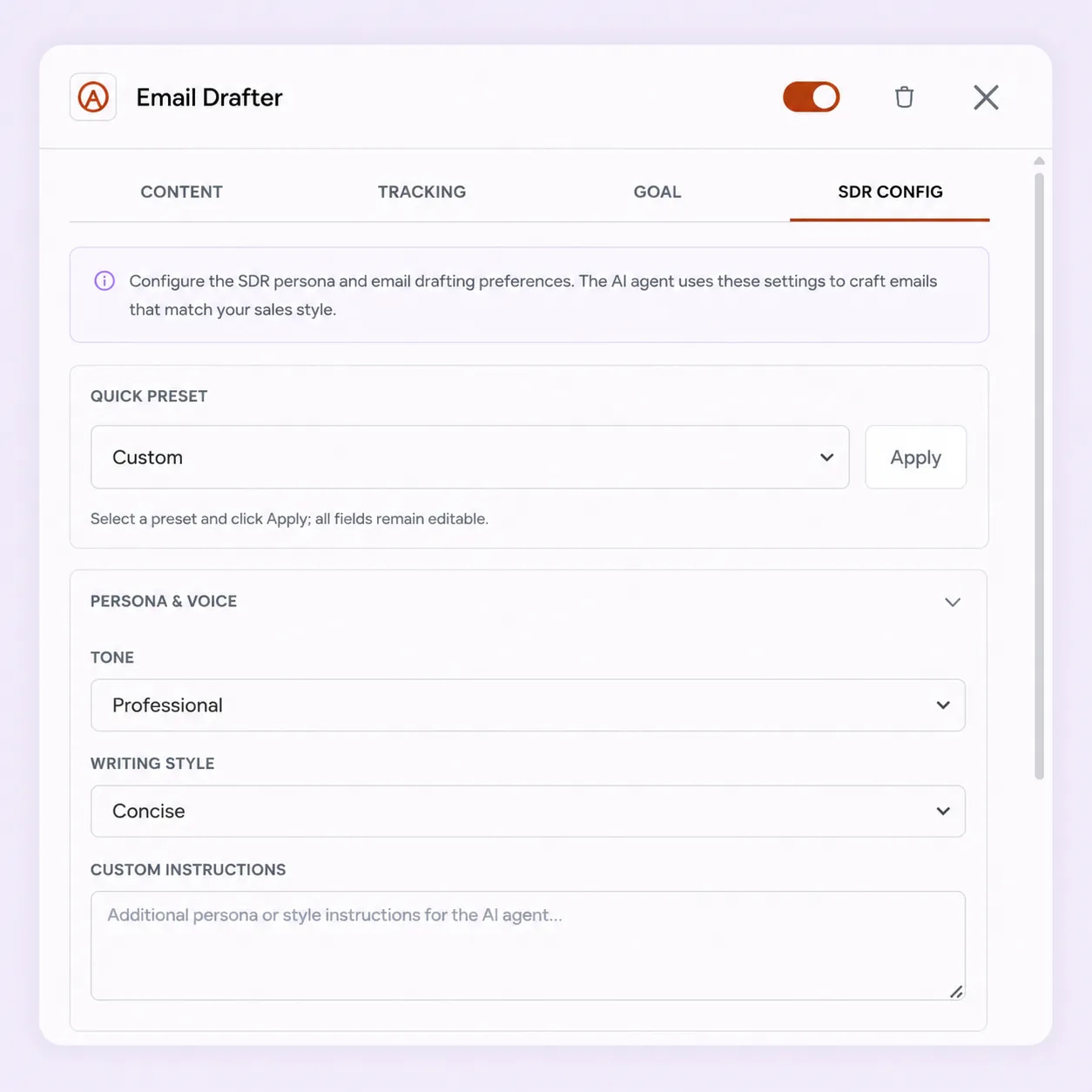 Der Tab SDR Config des Email Drafter in FirstSales, mit einem Schnell-Preset, dem Ton Professional, dem Schreibstil Concise und einem Feld für eigene Anweisungen