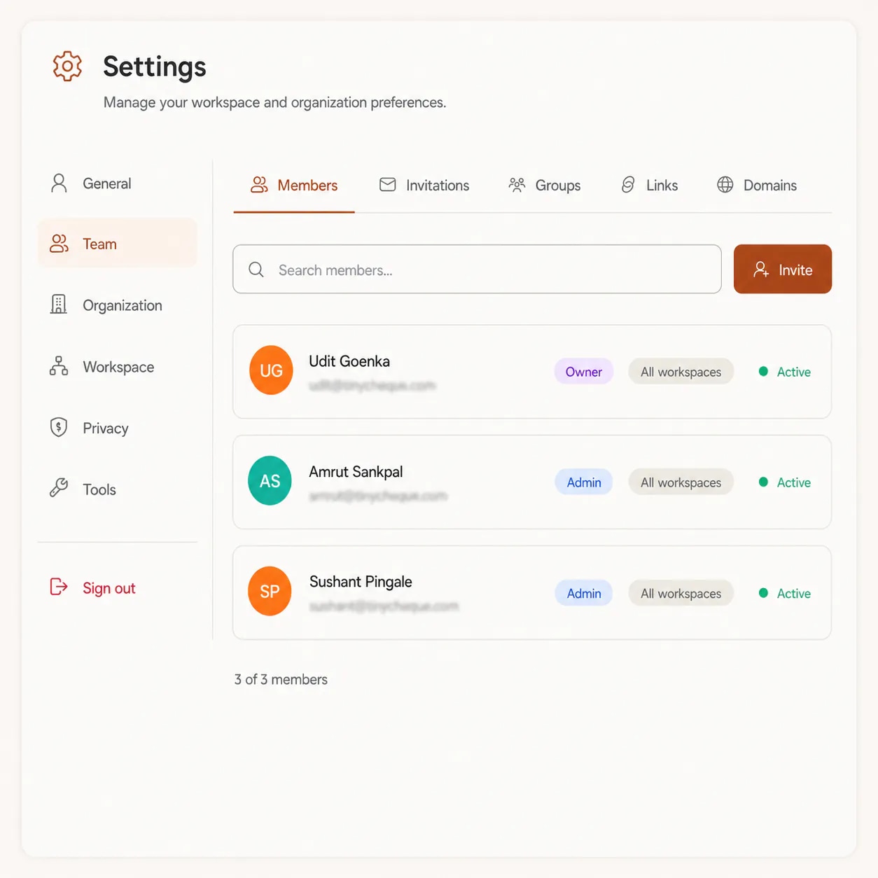 FirstSales team settings with members, roles and workspace access