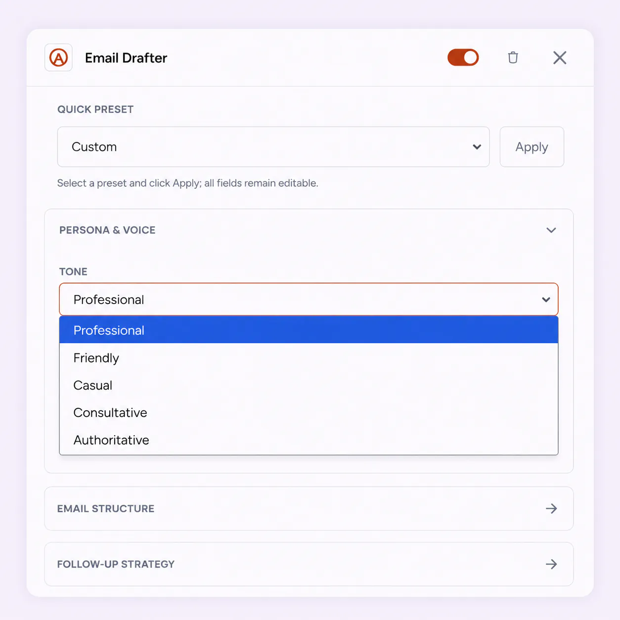 FirstSales AI Instructions setting tone and offer for a cold email campaign in plain English