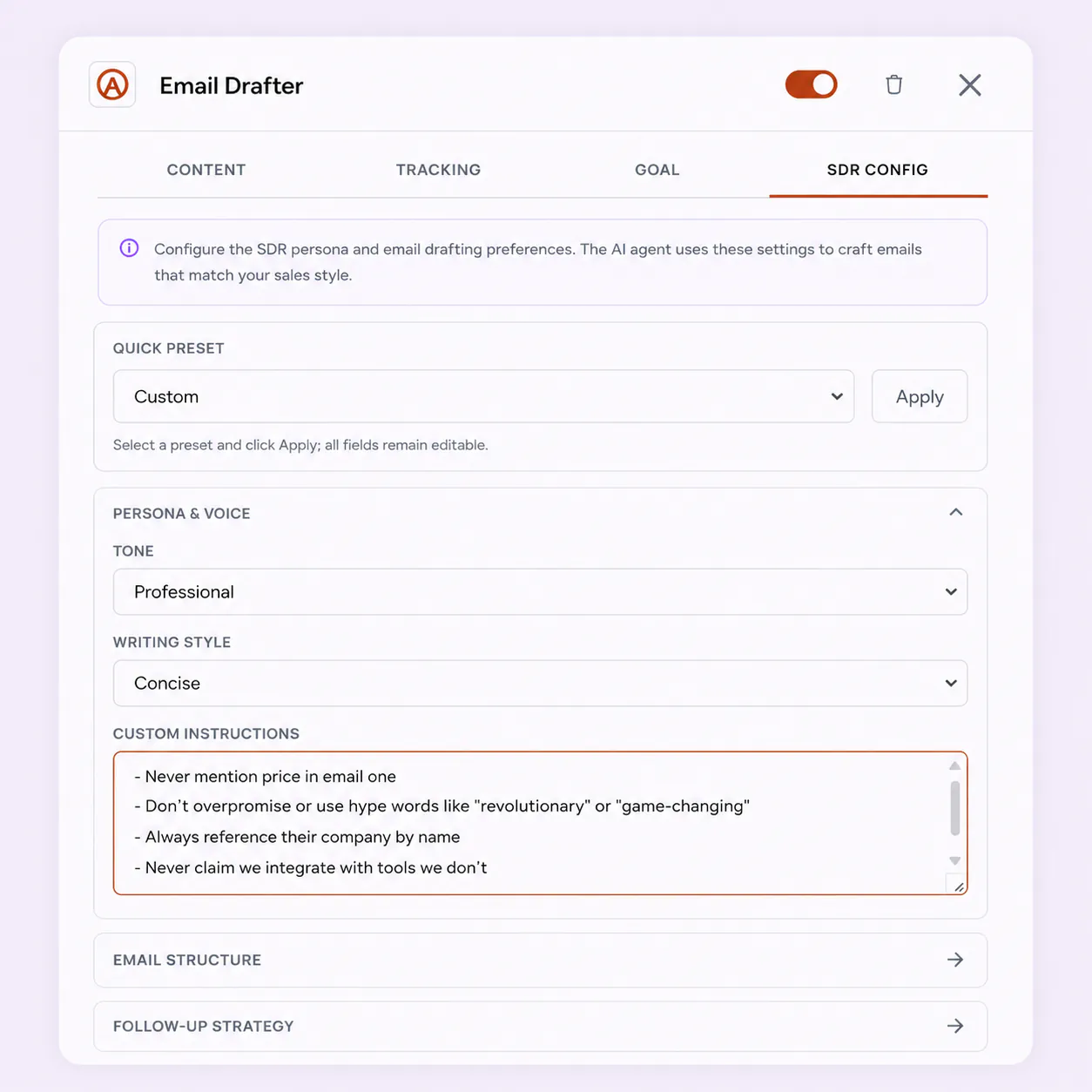FirstSales AI Instructions enforcing guardrails and do-not rules across a campaign
