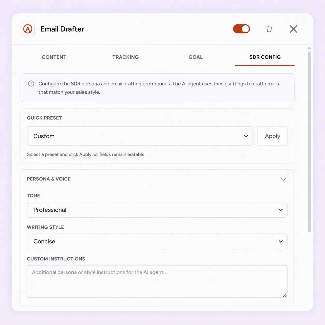 FirstSales per-campaign AI instructions updating a live campaign on the next send