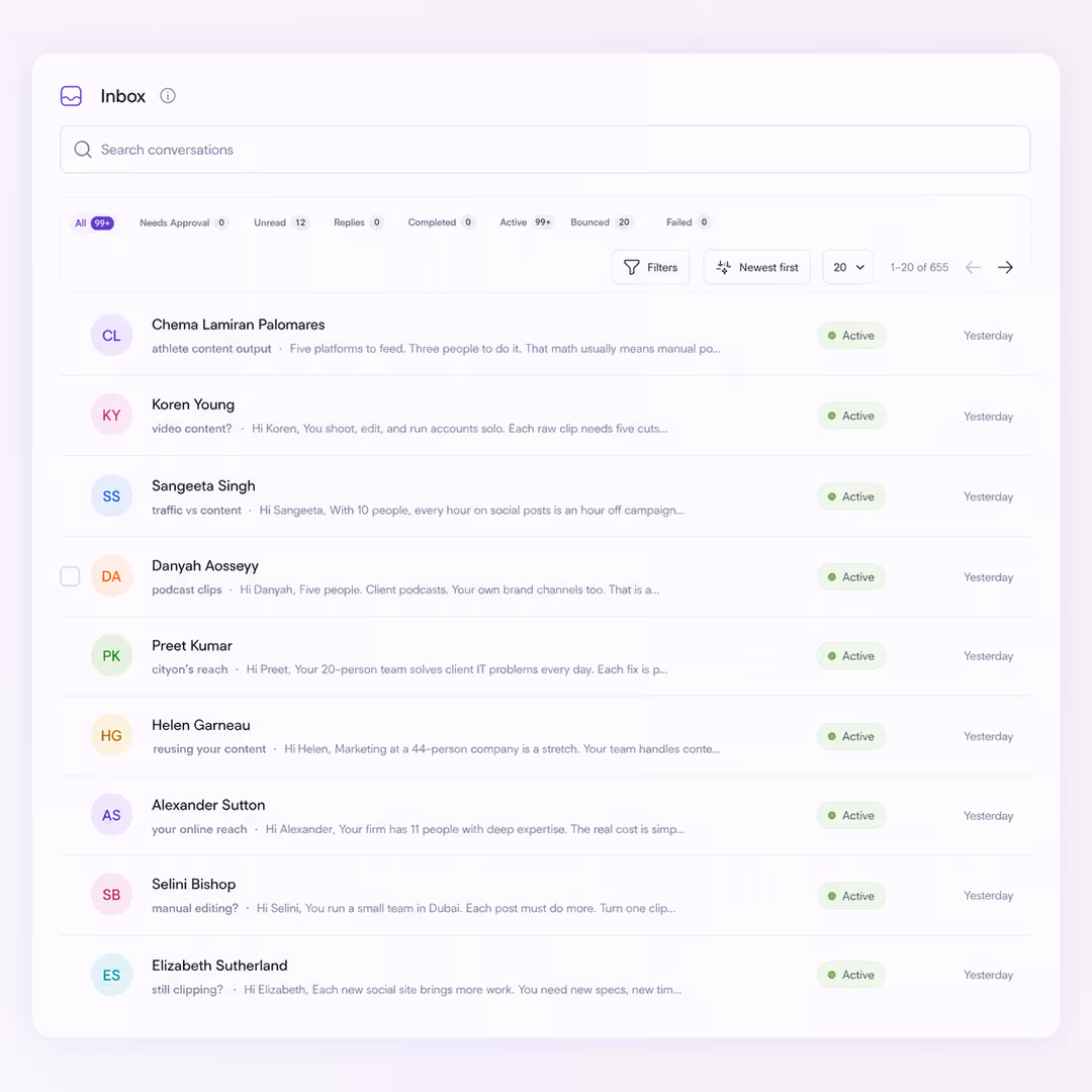FirstSales AI SDR software writing personalized emails from a knowledge base with warm-up running