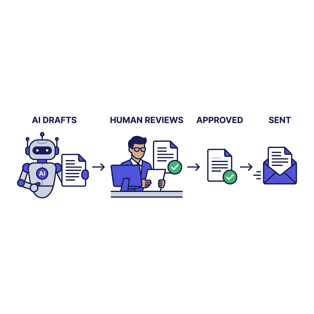 A human reviewer approving an AI-drafted outbound email before it sends