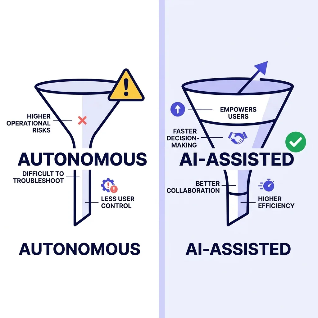 Funnel comparison showing autonomous outbound narrowing versus AI-assisted outbound widening