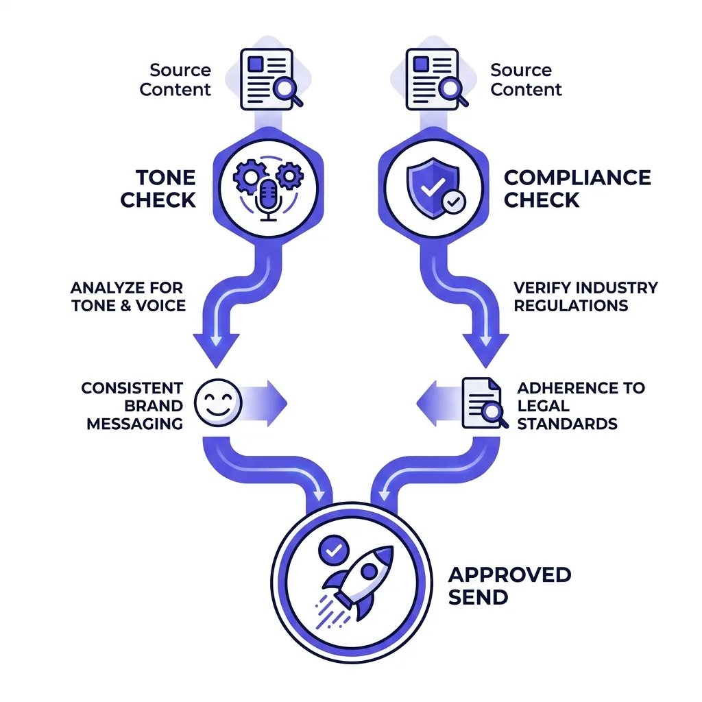 Diagram of tone review and compliance review as separate lanes feeding into one approved send