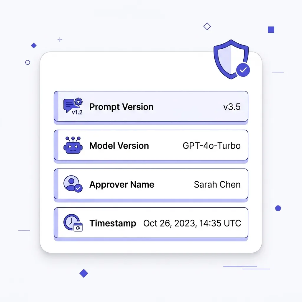 Audit trail card showing prompt version, model version, approver, and timestamp fields