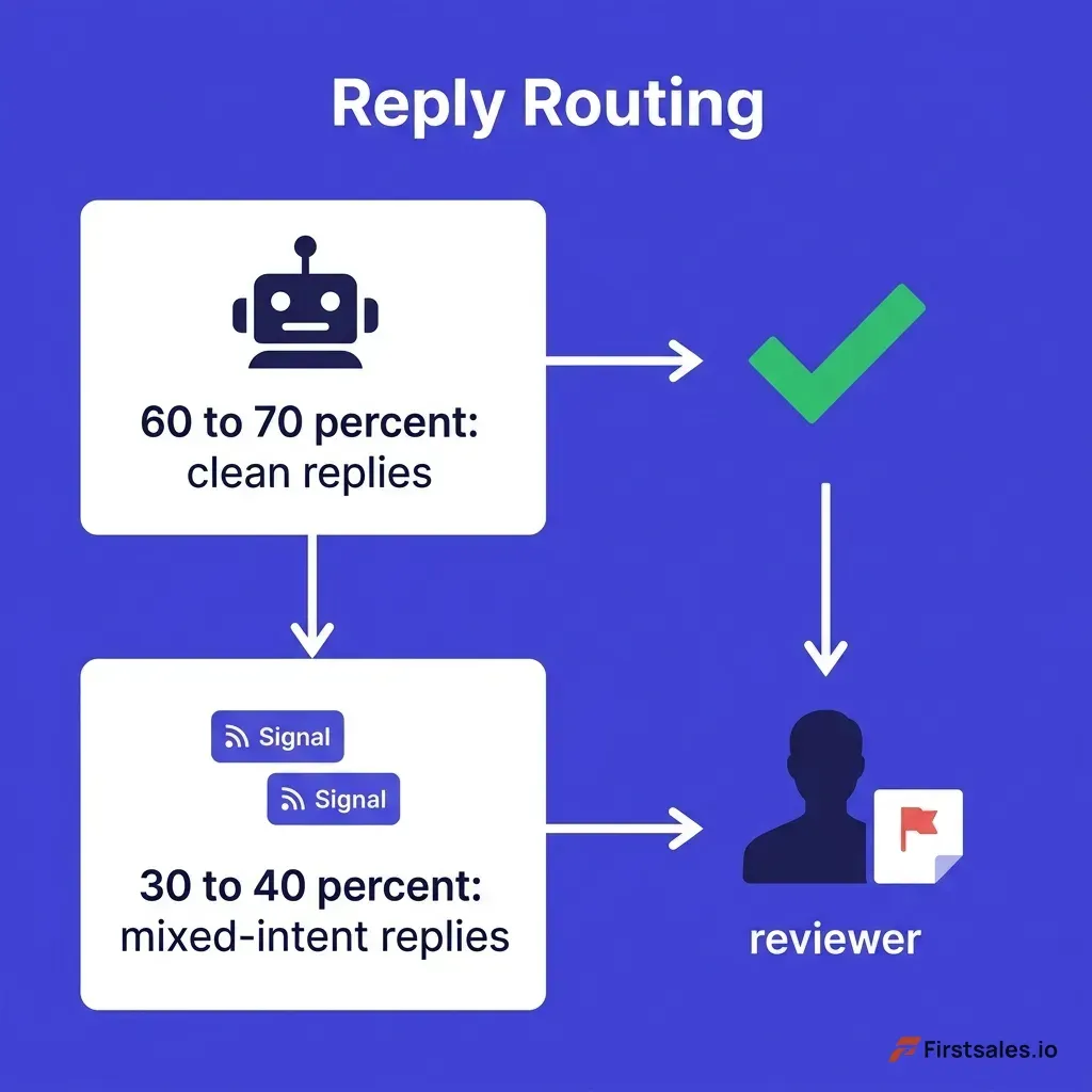 Vertical infographic showing the 60-70 percent of clean replies handled by AI on one path and the 30-40 percent of mixed-intent replies routed to a human reviewer with both signals flagged, on a deep indigo and white flat design
