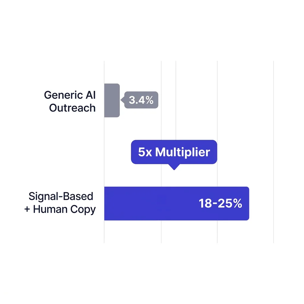 Chart comparing reply rates: lazy AI personalization 1-2% vs signal-specific research-backed copy 15-25%