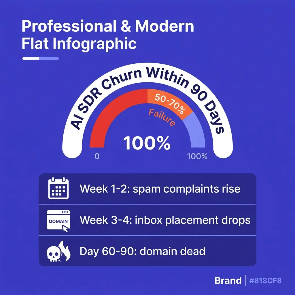 AI SDR failure rate diagram showing the 50-70% churn within 90 days