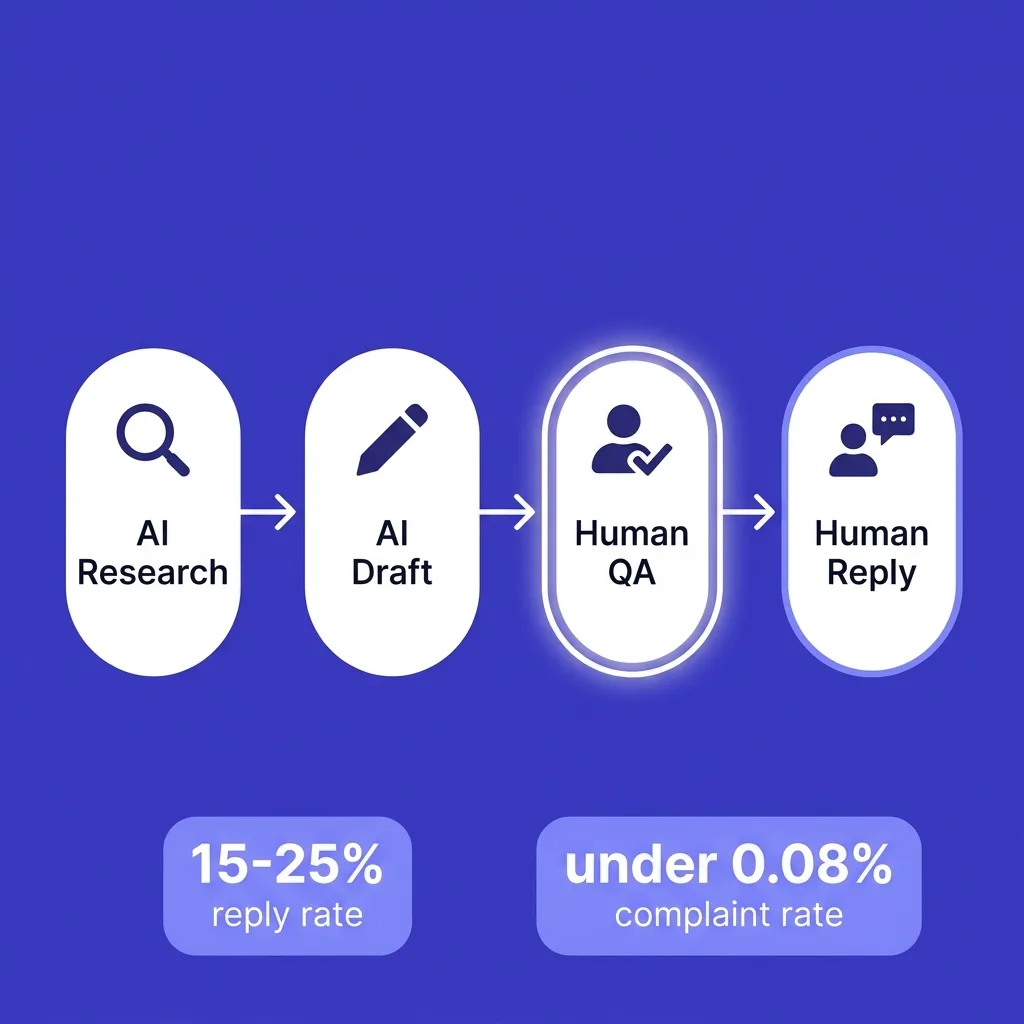Infographic showing hybrid AI-human outbound workflow: AI for research and drafts, human for QA and reply handling