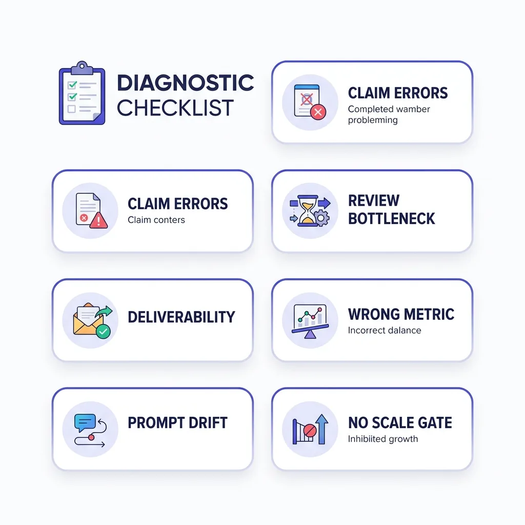 Six root causes behind AI SDR pilot shutdowns shown as a diagnostic checklist