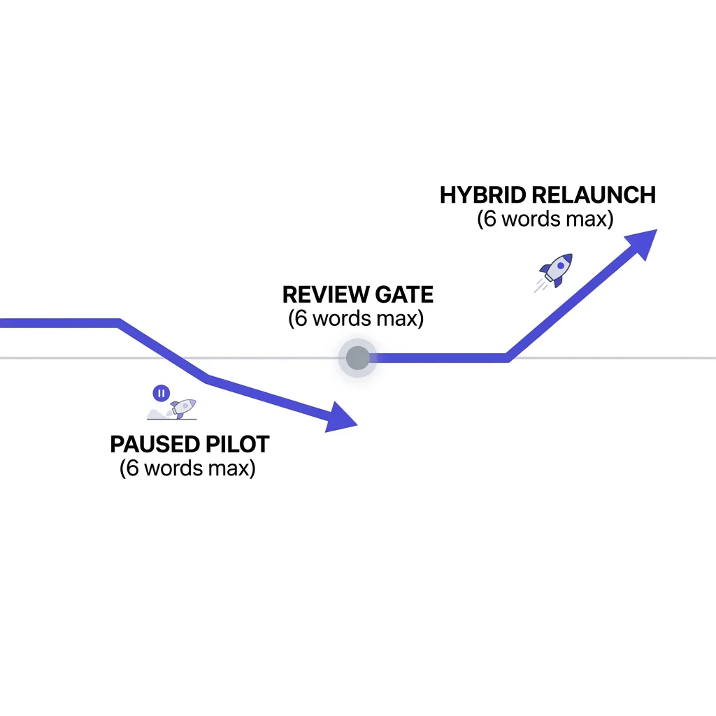 Timeline comparing a paused AI SDR pilot against a hybrid relaunch with a review gate