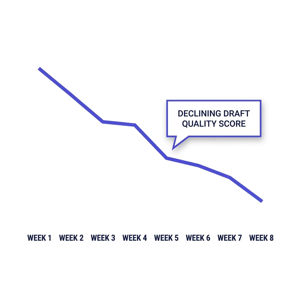 A dashboard showing a declining AI SDR draft quality score trend line over eight weeks