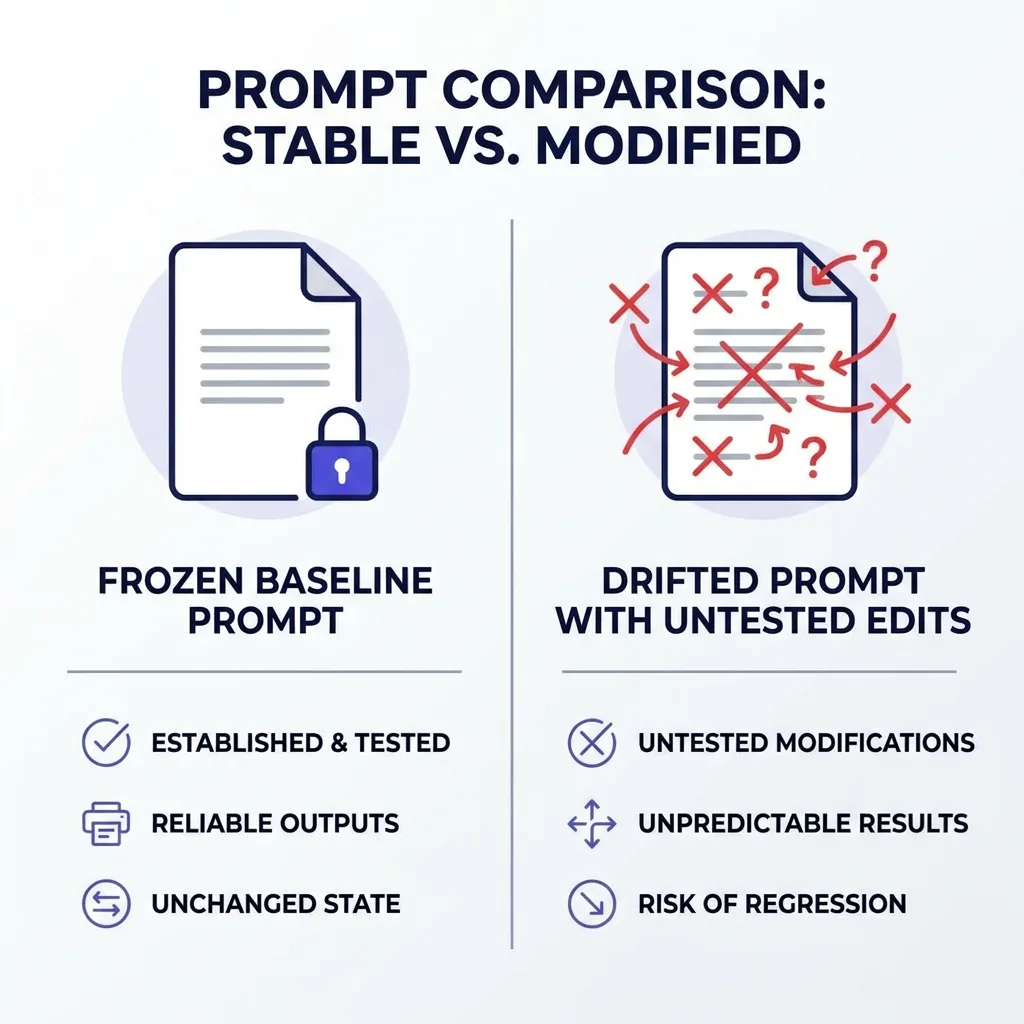A comparison of a frozen baseline prompt against a drifted prompt with edit history flagged