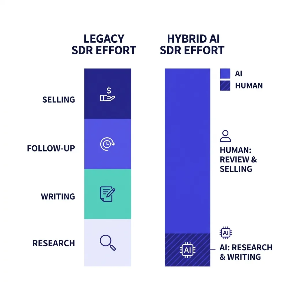 Diagram comparing old SDR effort split against AI-assisted SDR effort split