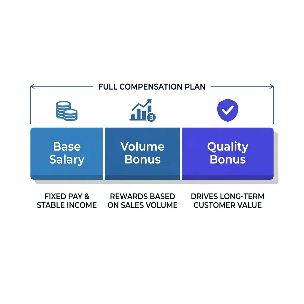 Chart showing base, variable, and quality-weighted bonus split in a hybrid SDR pay plan