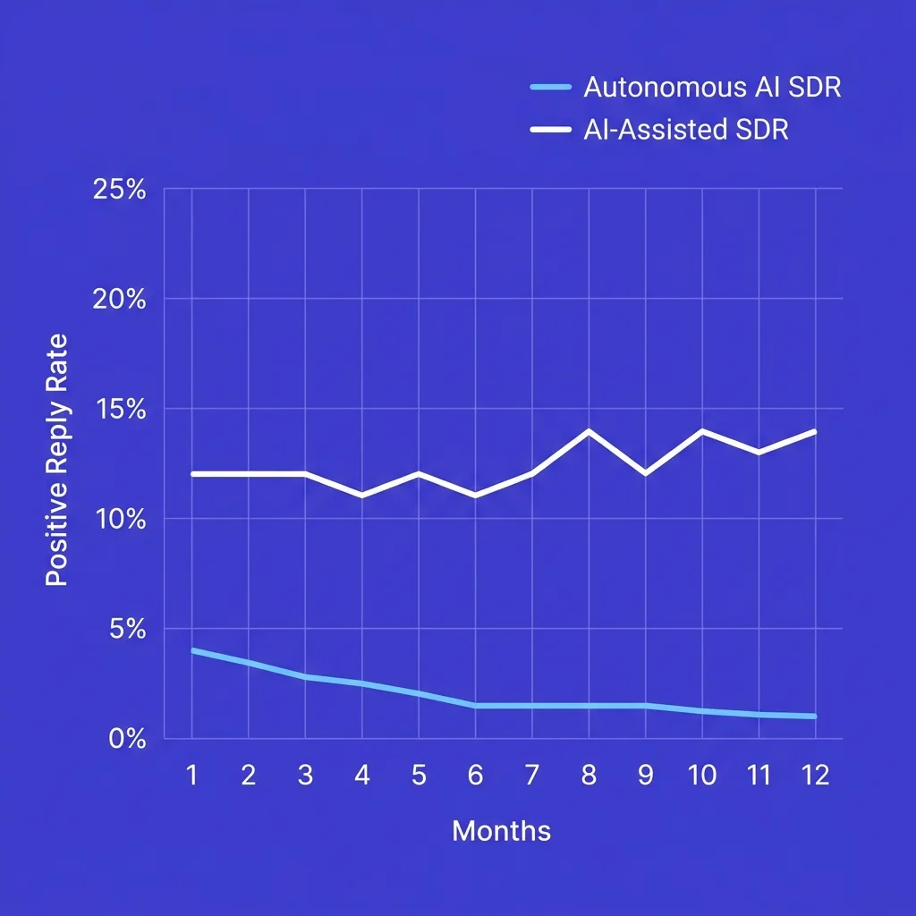 Chart showing reply rate decay curve for autonomous AI SDR vs AI-assisted SDR over 12 months