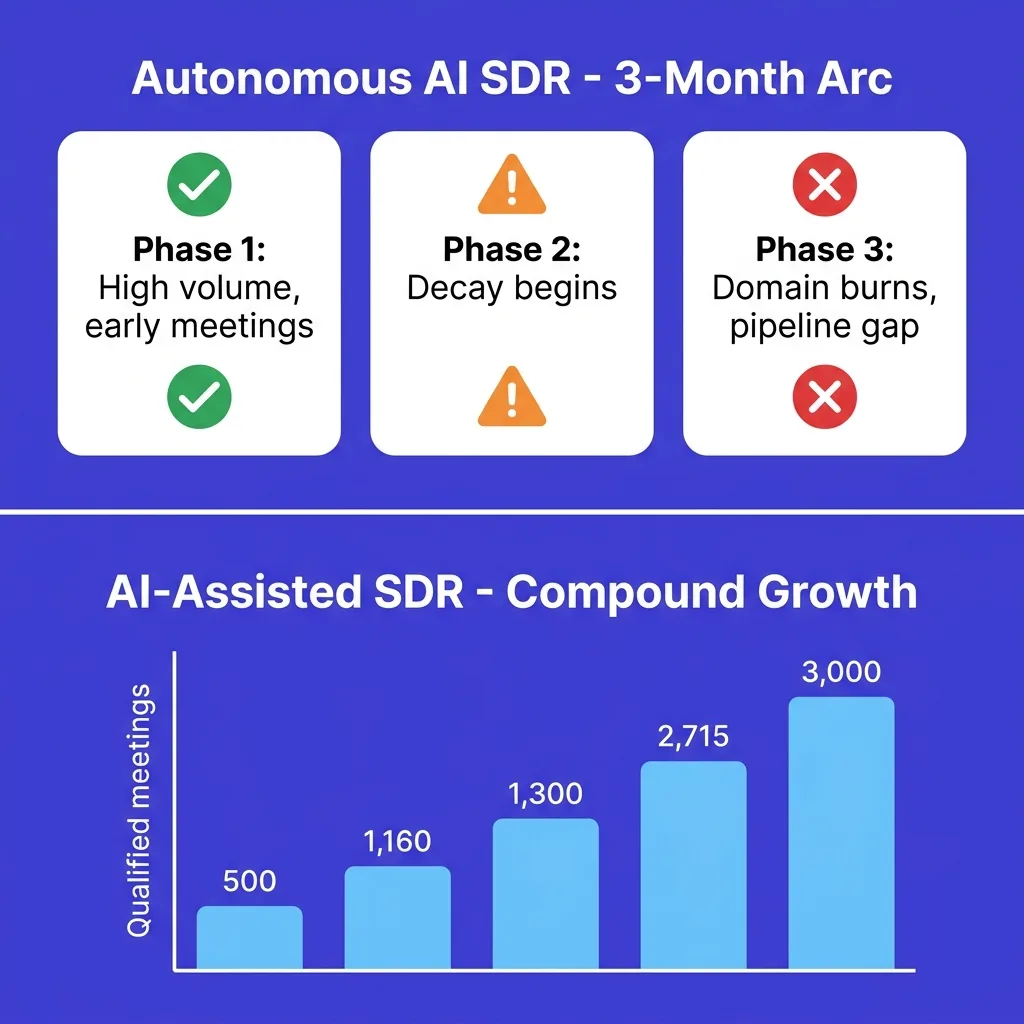 Infographic showing the 3-month failure arc of autonomous AI SDR deployments vs the stable growth curve of AI-assisted teams