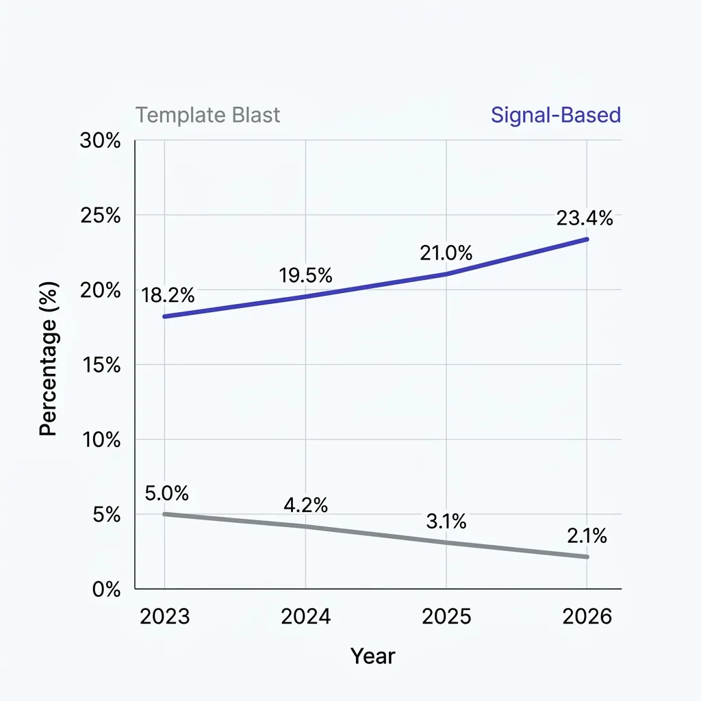 Chart showing reply rate divergence: blasted campaigns declining from 5% to 2.1% over 2023-2026, signal-based campaigns stable at 15-25%