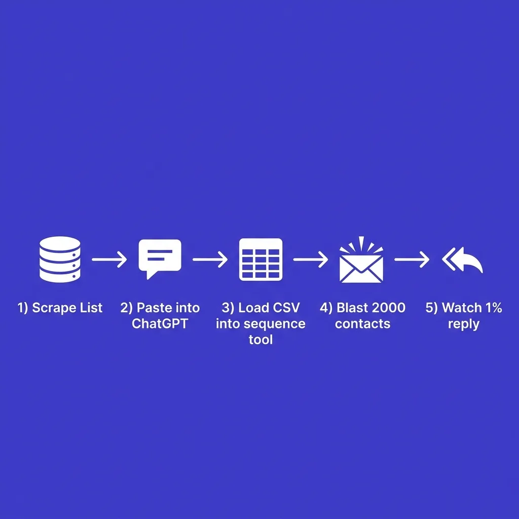 Diagram showing the AI slop pipeline: scrape list, paste into ChatGPT, load CSV into sequence tool, blast 2,000 contacts, watch 1% reply