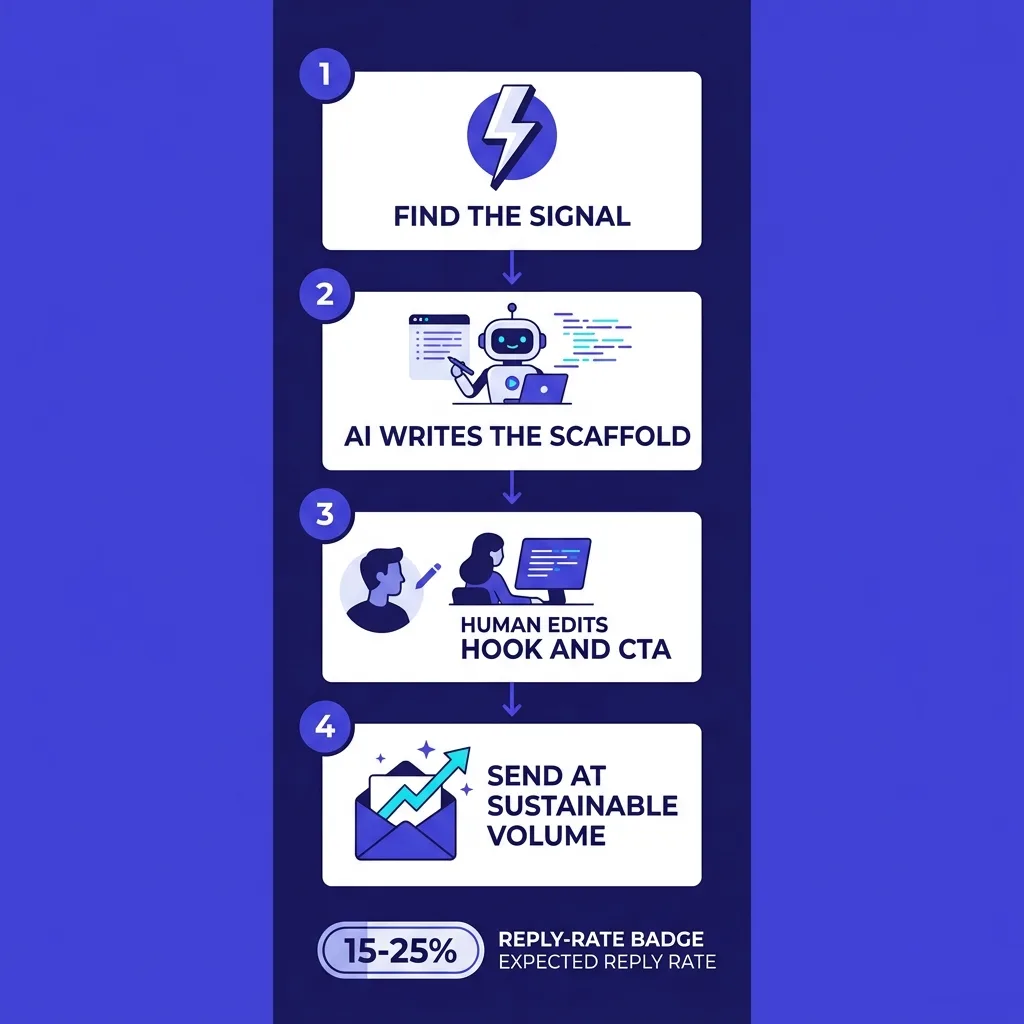 Infographic showing the slop-to-signal framework: four steps from signal identification to human-edited draft to inbox, with reply rate improvement arrows at each stage, deep indigo and white flat design