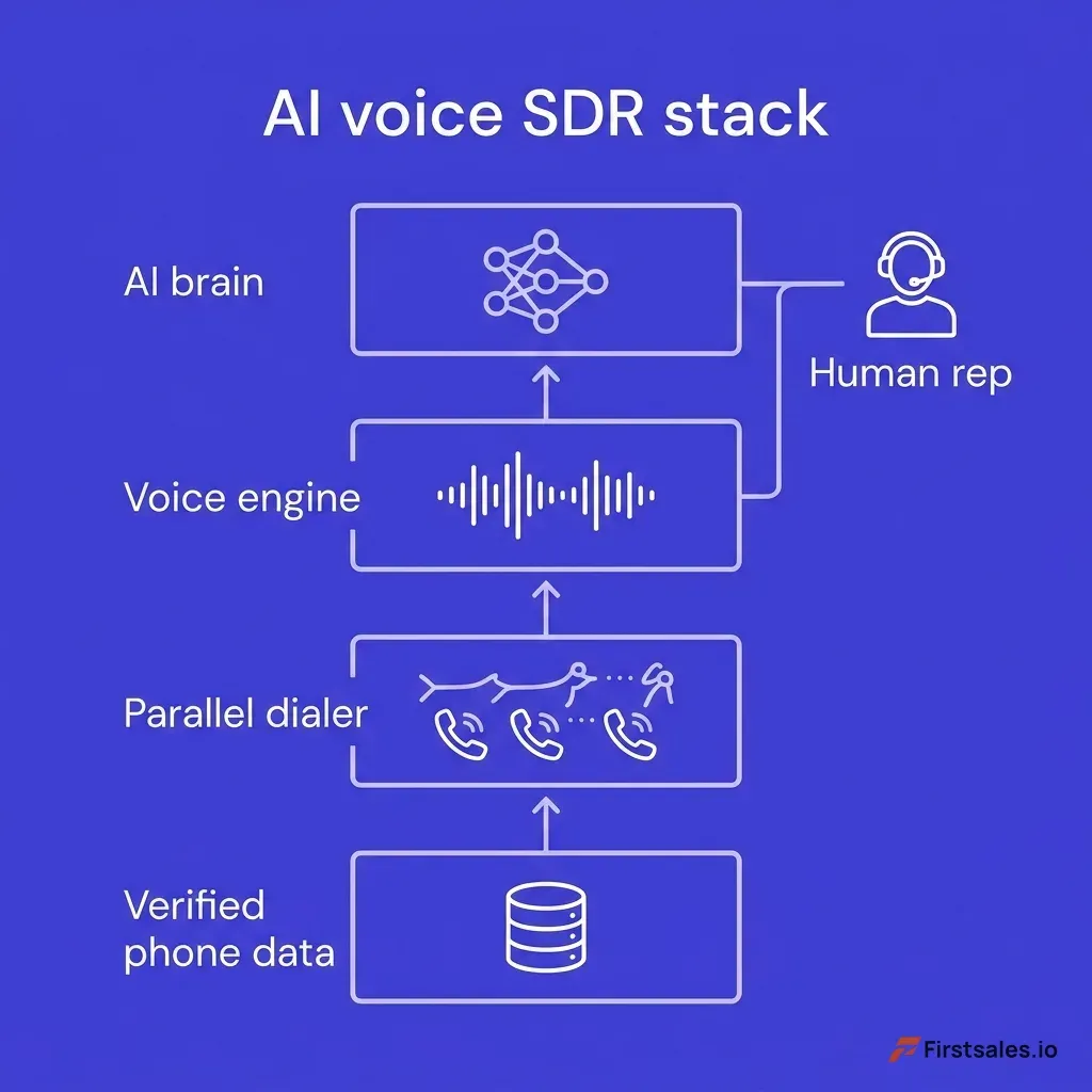 Diagram of the AI voice SDR stack showing four layers stacked vertically: verified phone data feeding a parallel dialer, the dialer feeding a text-to-speech voice engine, the voice engine feeding a language model brain, and the brain routing live answers to a human rep