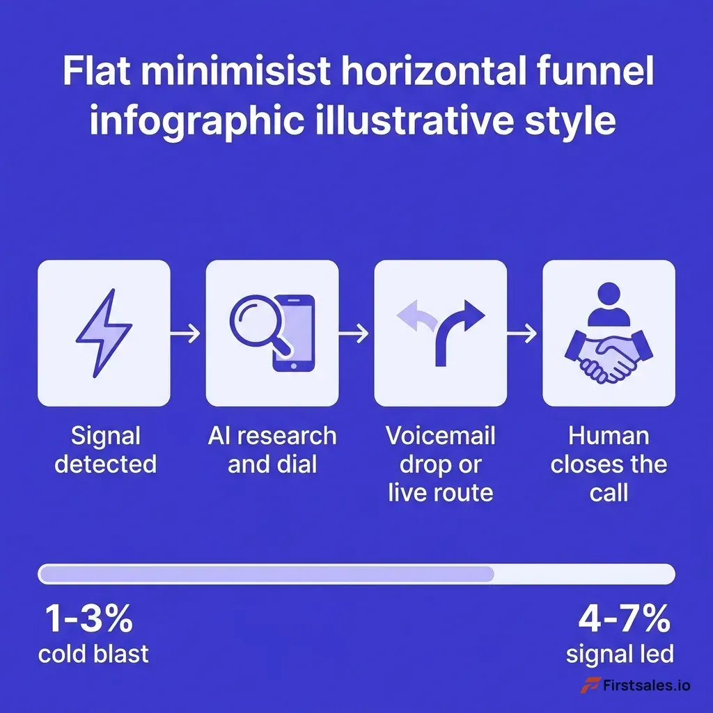 Infographic showing the hybrid AI voice SDR funnel in four stages: signal detected, AI research and dial, voicemail drop or live routing, human closes the warm call, with conversion lifting from 1 to 3 percent at cold blast to 4 to 7 percent at signal led across the stages