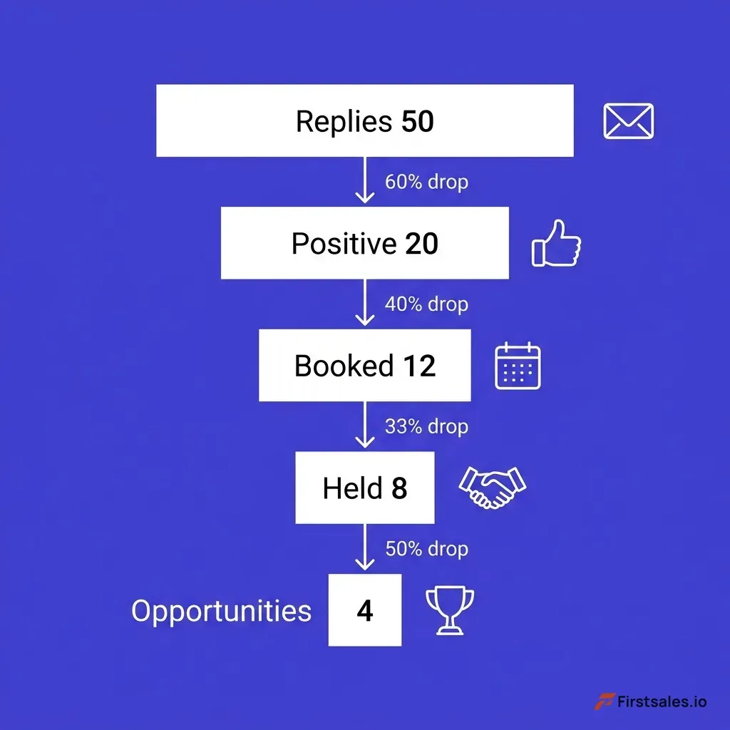 Diagram of the reply-to-meeting funnel showing five stages from reply to opportunity, with drop-off percentages between each stage on a deep indigo and white flat design