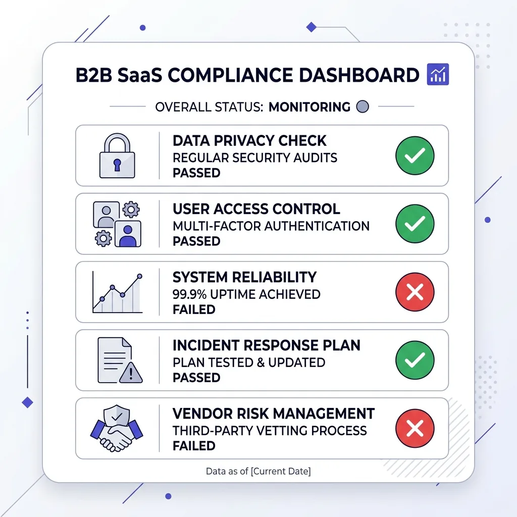 Dashboard mockup showing pass and fail states across five automated pre-send check categories