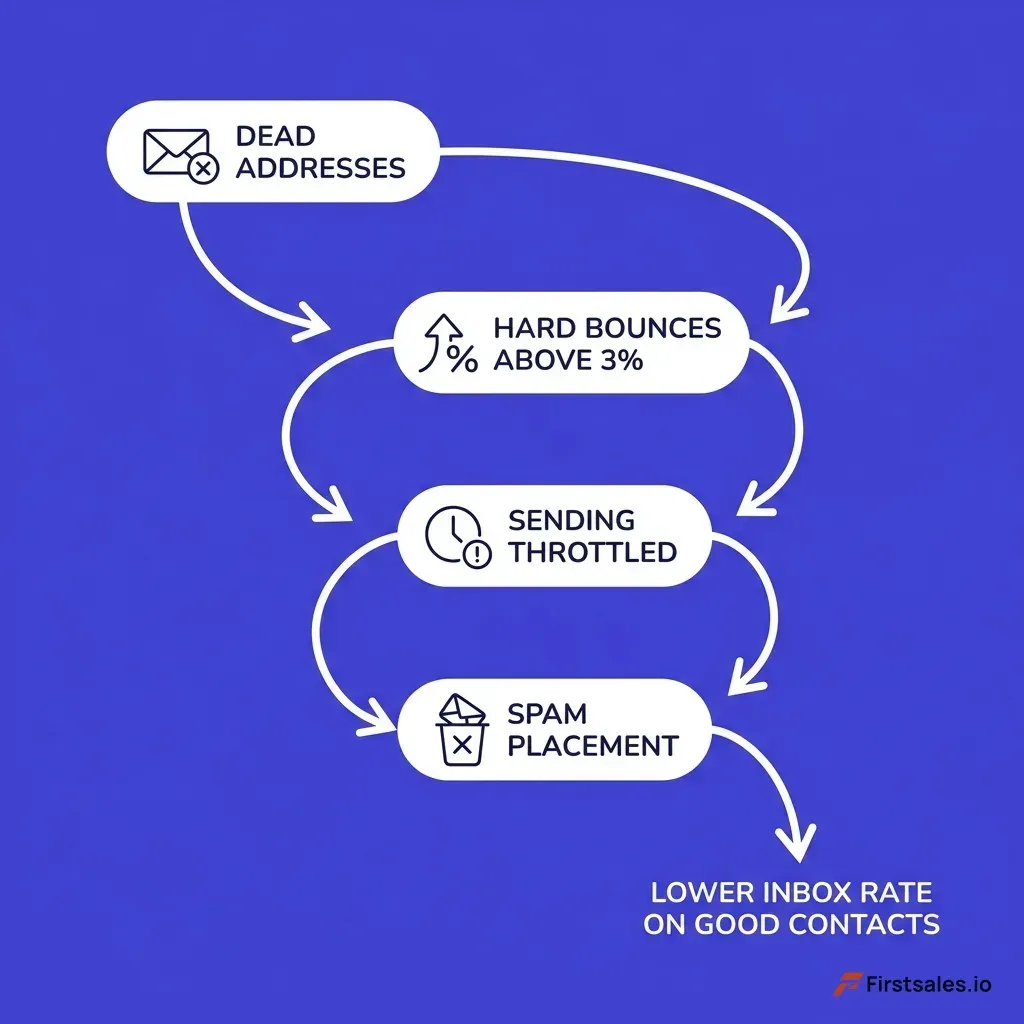 Diagram showing the decay-to-deliverability spiral as a downward loop: dead addresses lead to hard bounces, bounces above 3% lead to throttling, throttling leads to spam placement, spam placement lowers inbox rate on good contacts, drawn in deep indigo and white with directional arrows