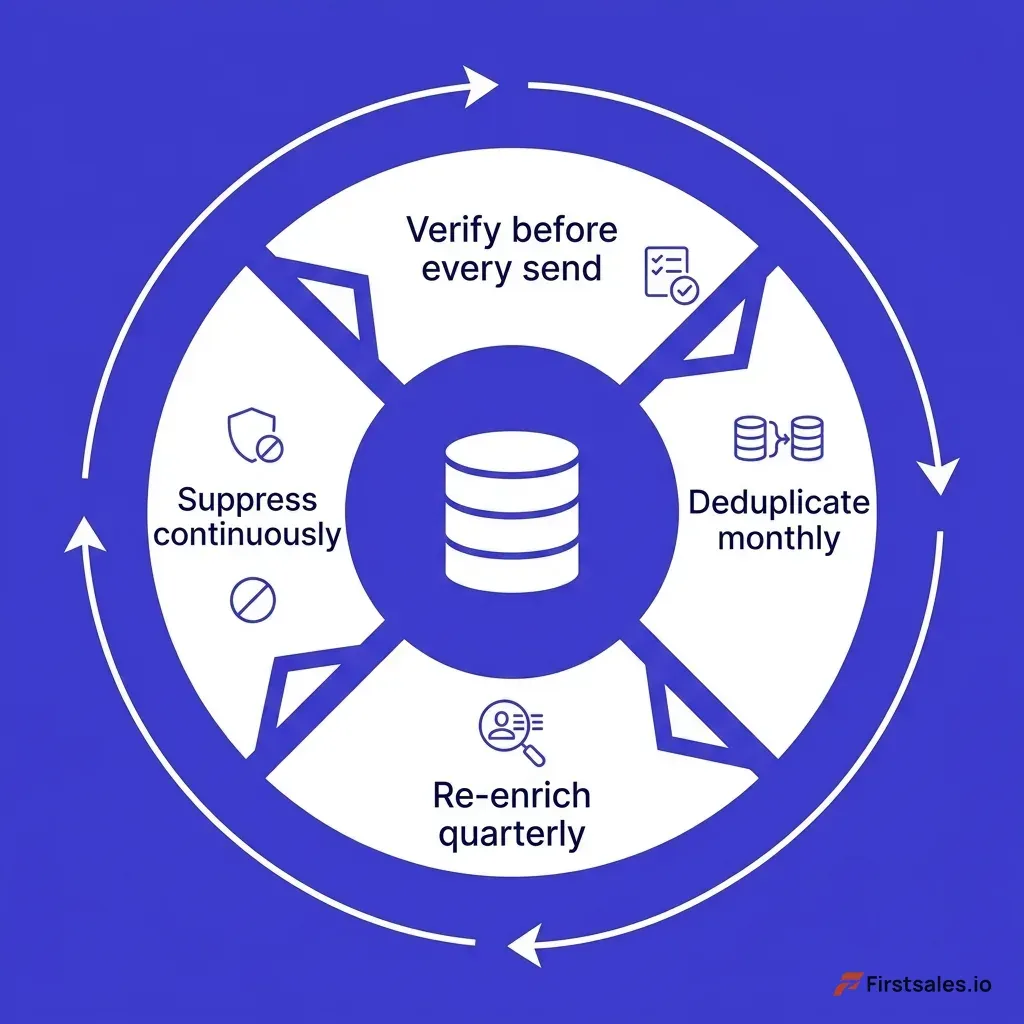 Infographic of the list hygiene cadence as a continuous cycle: verify before every send, deduplicate monthly, re-enrich quarterly, suppress continuously, drawn as four connected arrows around a central database icon in deep indigo and white flat style