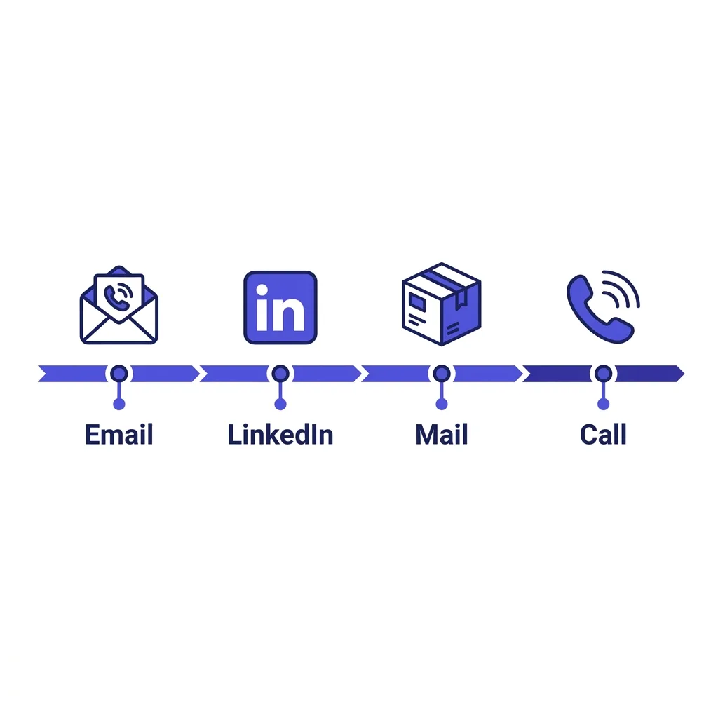 Flowchart showing a mail touch integrated into a multichannel outbound sequence timeline