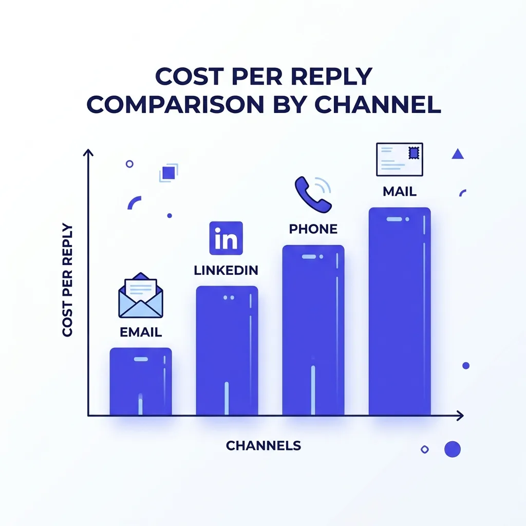 Bar chart comparing channel mix cost per reply across email, LinkedIn, phone, and mail