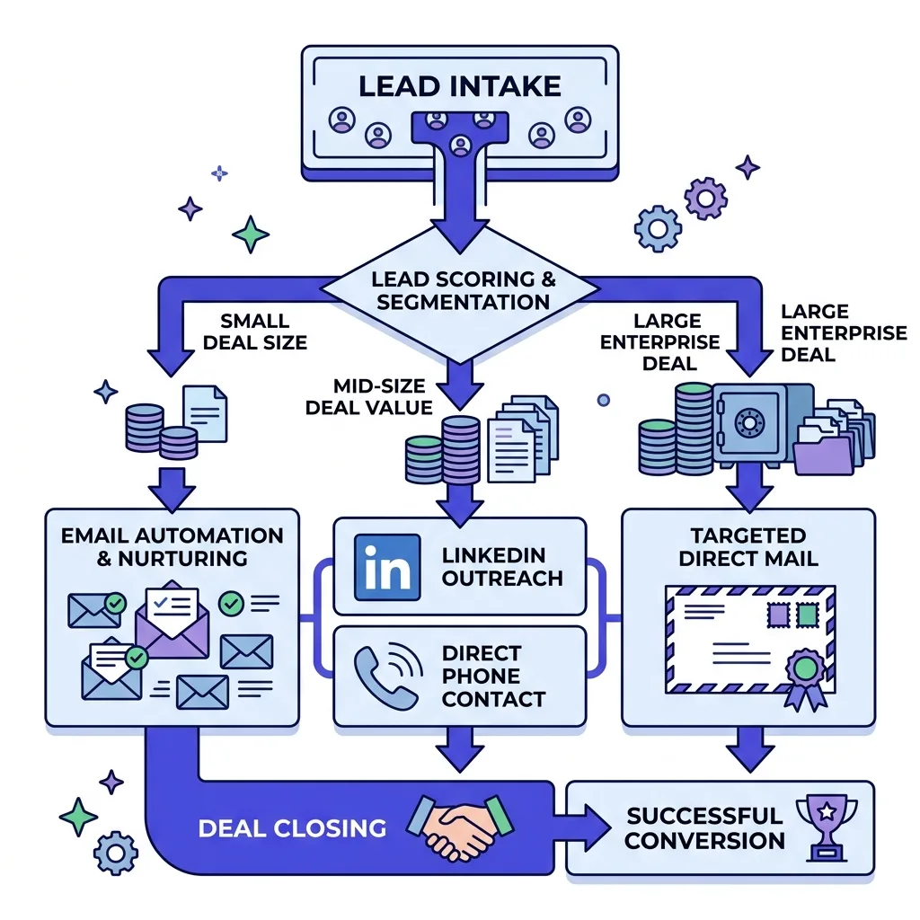 Diagram of a decision funnel showing deal size tiers routed to different outbound channels