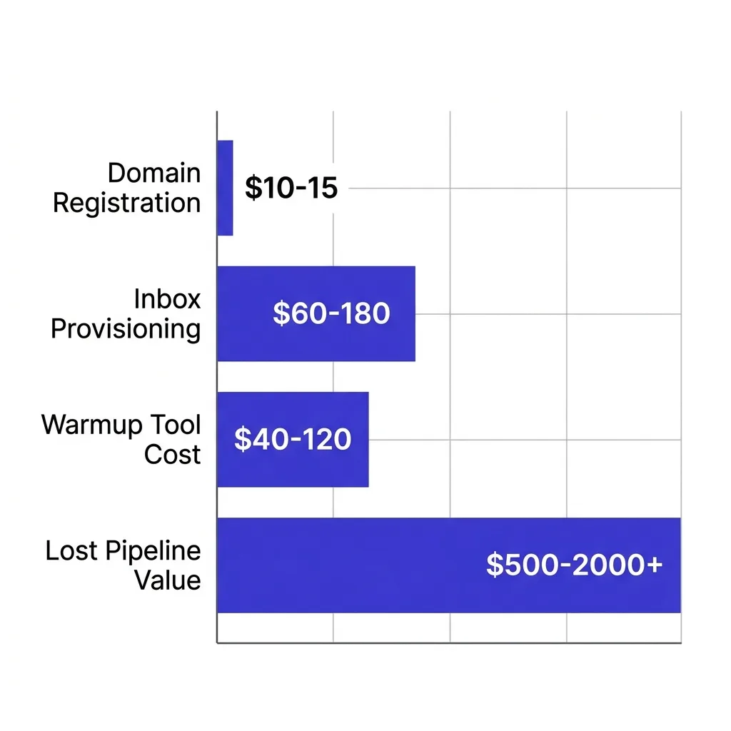 Chart showing the full cost breakdown of burned cold email domains including registration, inbox provisioning, warmup time, and lost pipeline value