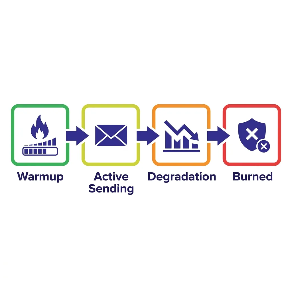 Diagram showing cold email domain burn rate lifecycle from warmup to active sending to degradation to burned status