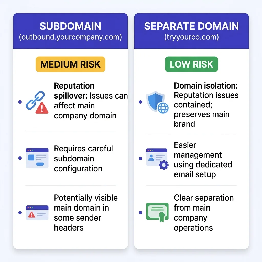 Infographic comparing subdomain vs separate domain architecture for cold email with burn rate risk ratings for each approach