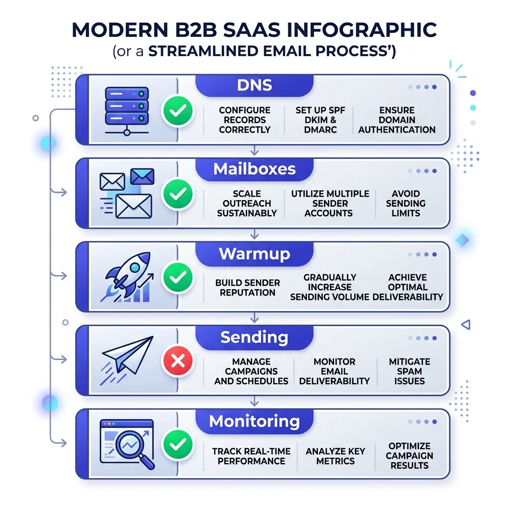 Cold email infrastructure audit checklist showing five gated sections