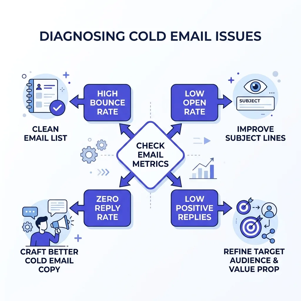 Cold email diagnosis framework showing four failure branches