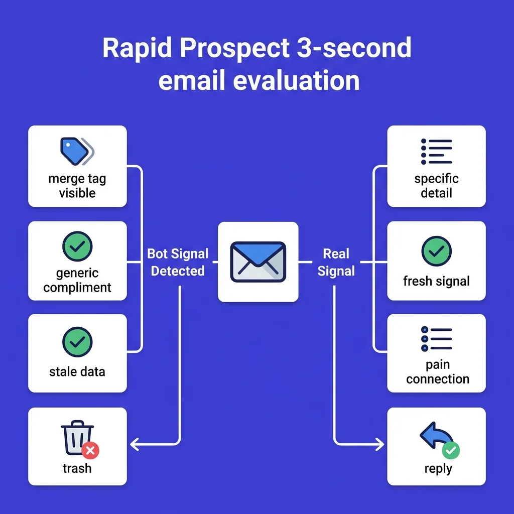 Diagram showing the signal-detection process a prospect uses to classify a cold email as real or automated within the first 3 seconds