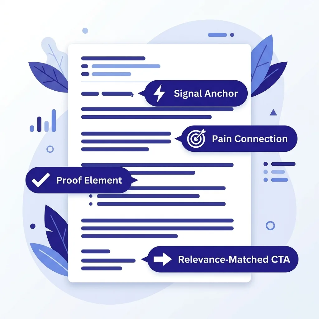 Infographic showing the anatomy of a high-reply cold email with labeled sections: signal anchor, pain connection, proof element, and relevance-matched CTA - deep indigo and white flat design style