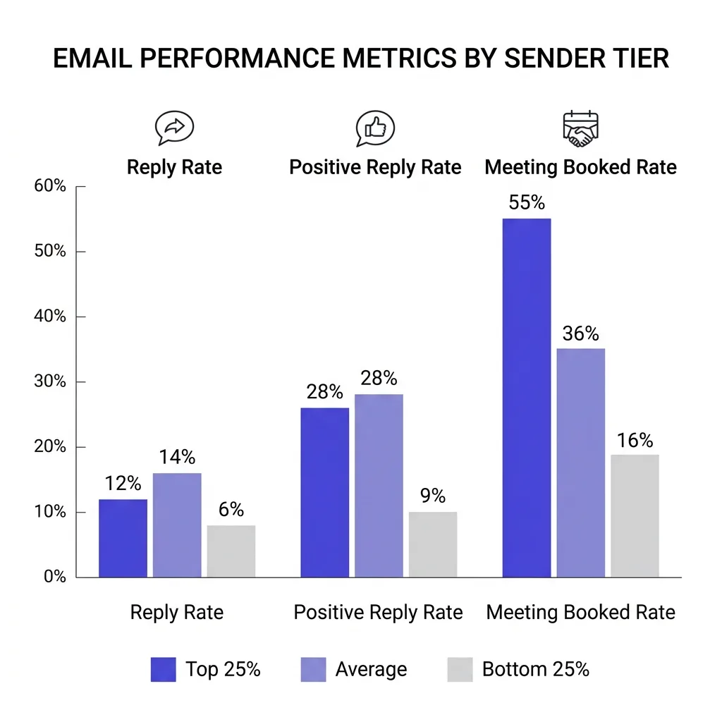 Cold email performance distribution chart showing top 25% vs average vs bottom 25% senders across reply rate, positive reply rate, and meeting booked rate metrics