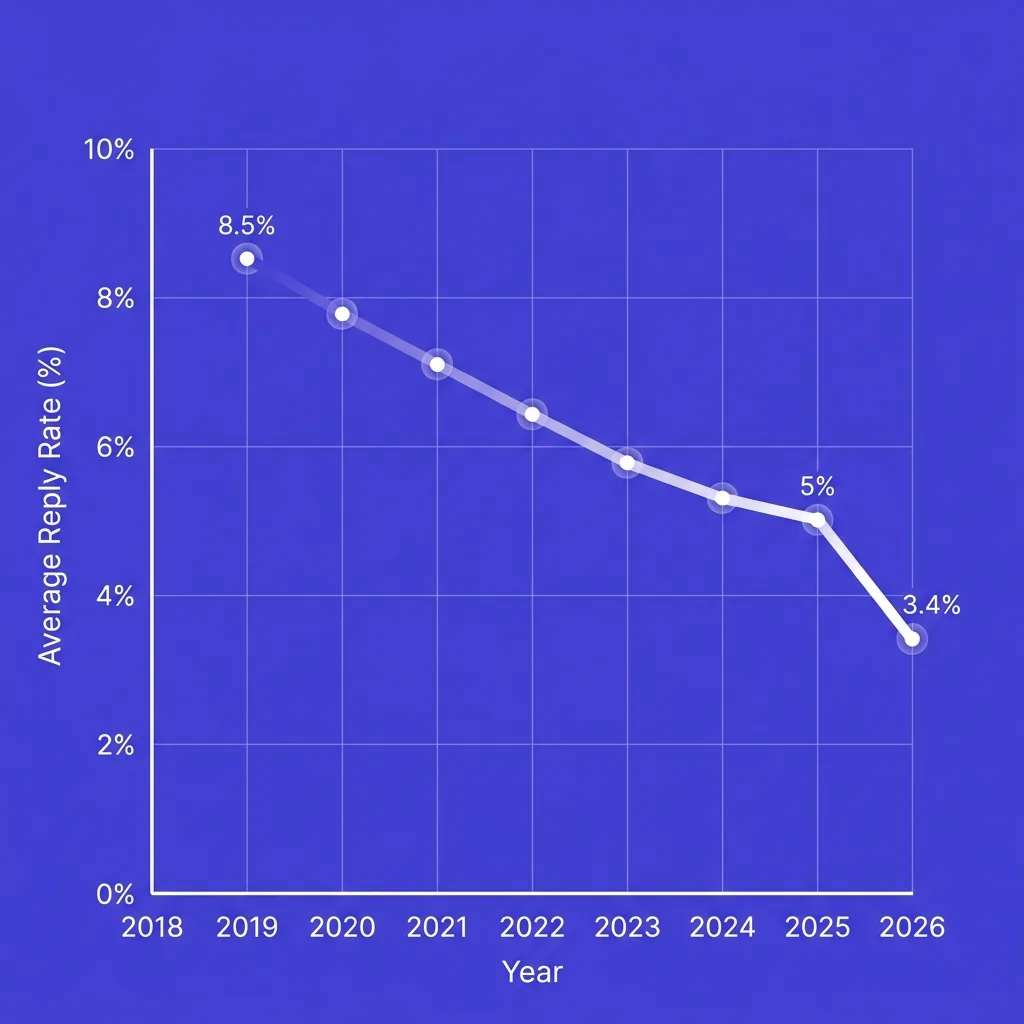 Cold email reply rate trend 2019-2026 showing decline from 8.5% to 3.4%