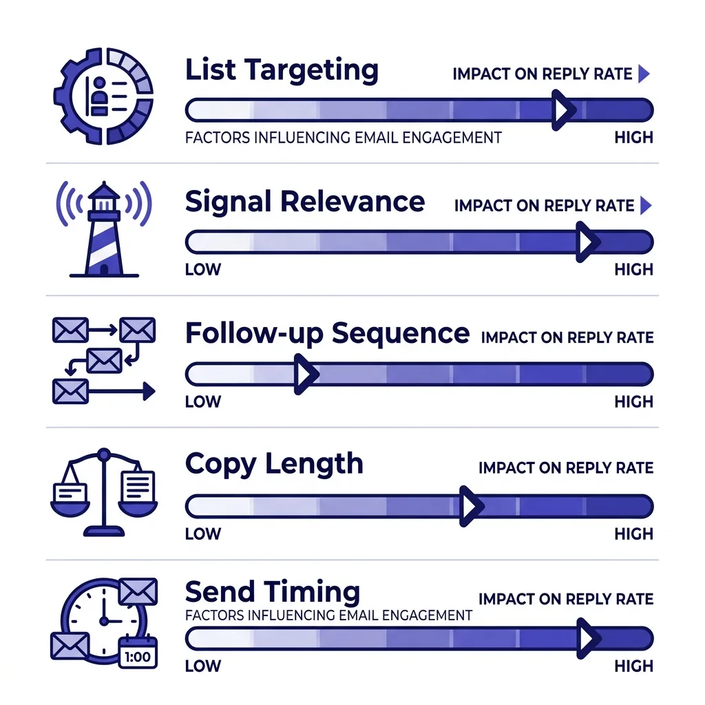 Infographic showing the 5 variables that drive cold email reply rates: list targeting, signal relevance, follow-up sequence, copy length, and send timing - with benchmark improvement ranges for each