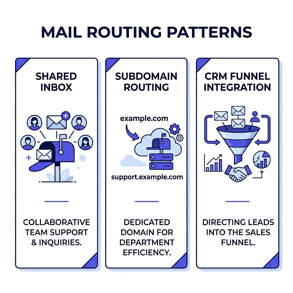 Diagram comparing a shared team inbox, a dedicated reply subdomain, and CRM-ingested reply routing