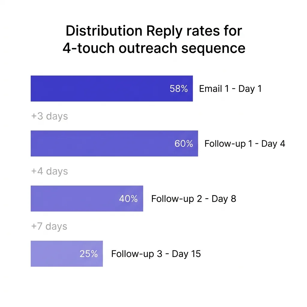 Chart showing reply rate distribution across a 4-touch cold email sequence with 3-5 day gaps between each touchpoint