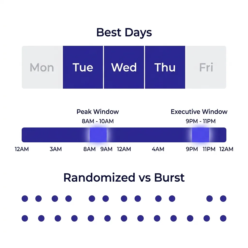 Infographic showing ideal sending windows by day and hour, plus interval randomization pattern for cold email